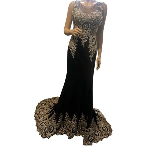 Shail K Rhinestone Mesh  Black Gold Evening Gown  W/ Train  Size 10 Prom - Picture 10 of 14